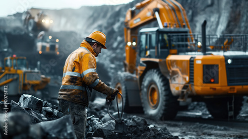 Mining operation scene with a worker in a yellow hardhat and heavy machinery in the background.