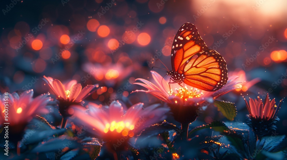 Radiant butterfly on a vibrant flower at sunset, misty leaves, showcasing tech and nature's connection Radiant butterfly on a vibrant flower at sunset, misty leaves, showcasing tech and nature's connection