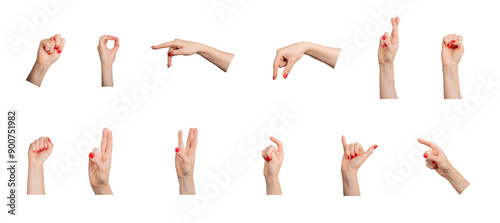 Photography Hand gestures, signs, fingers with red nail polish isolated on white background
