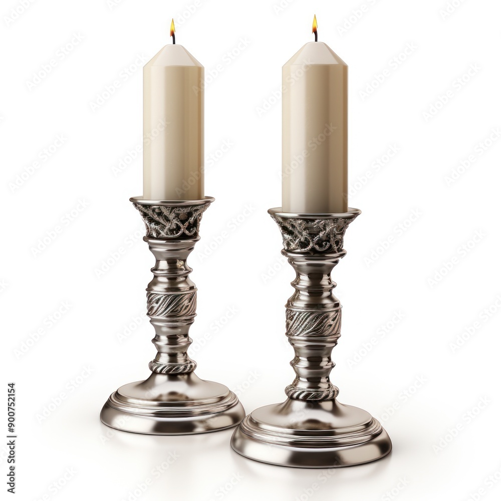 Two candles in silver candlesticks isolated on white background, , shabbat evening blessing candles, Two candles in silver candlesticks isolated on white background, , shabbat evening blessing candles,