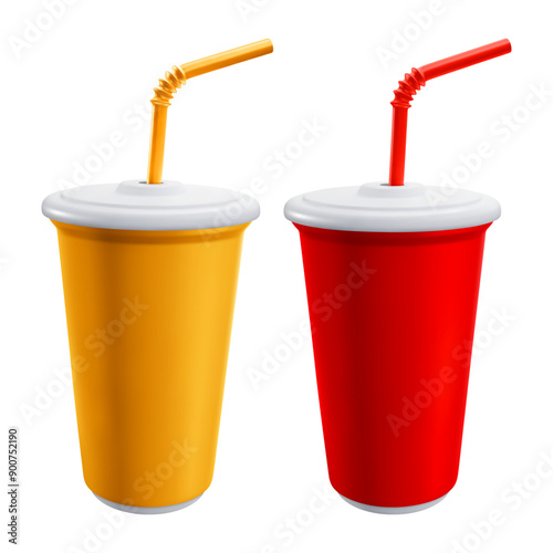 Plastic disposable cup with lid and straw for cold beverage such as soda, ice tea or coffee, cocktail, milkshake, juice. 450 ml. 3D realistic mockup template. Front view. Vector illustration