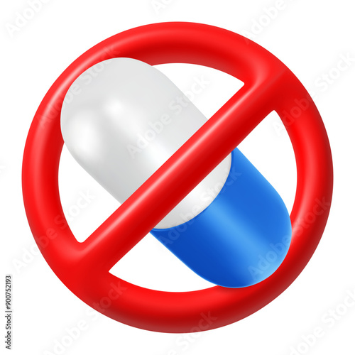 Blue white capsule in the red crossed out circle. Drug use prohibited sign. No drugs concept, 3d realistic icon. Vector illustration