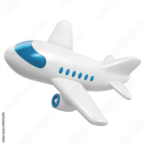 Flying plane icon. Cute, cartoon 3d realistic white airplane with blue portholes, perspective view. Vector illustration
