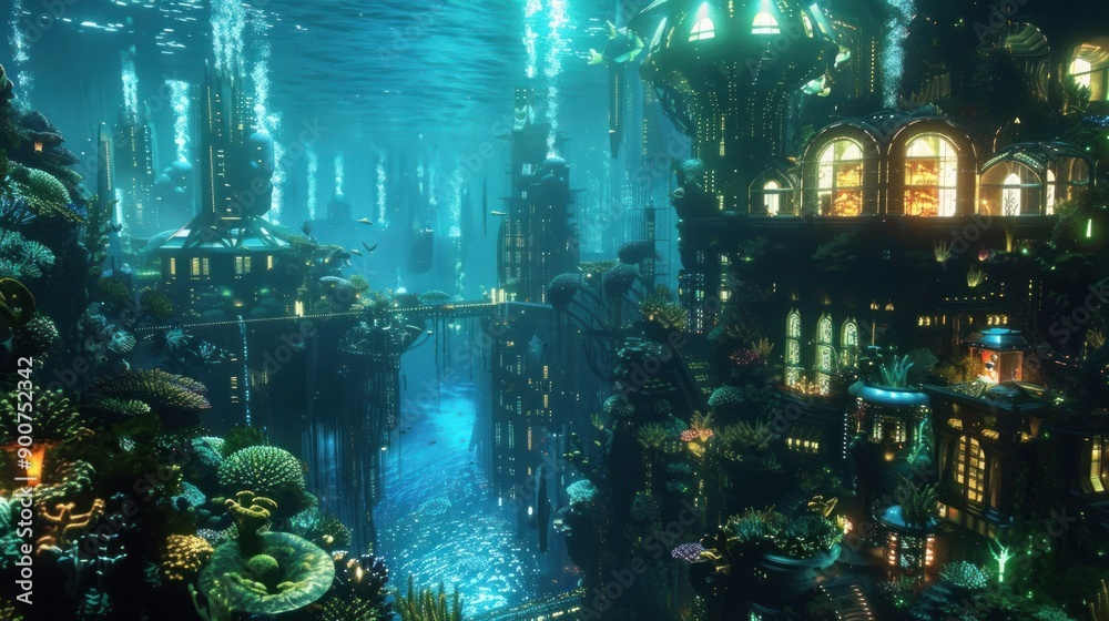Underwater Cityscape with Glowing Windows Underwater Cityscape with Glowing Windows