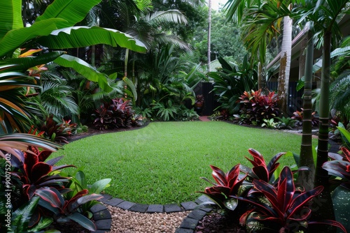 Tropical garden with lush greenery and a variety of plants, captured in bright daylight, showcasing the vibrant colors and exotic foliage.