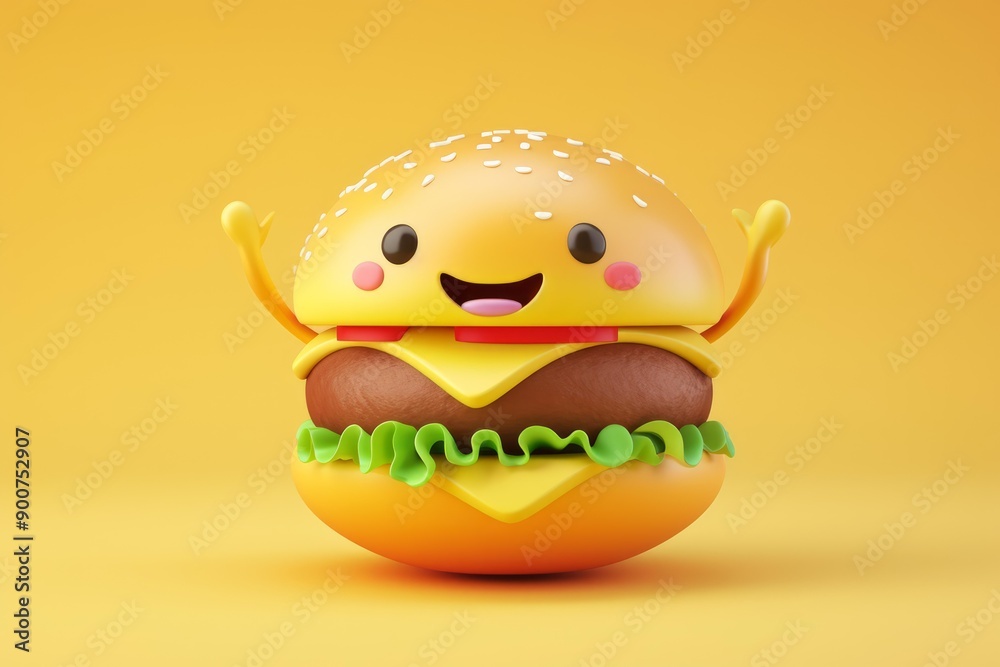 Playful 3d burger character with a friendly face, isolated on a vivid yellow backdrop Playful 3d burger character with a friendly face, isolated on a vivid yellow backdrop