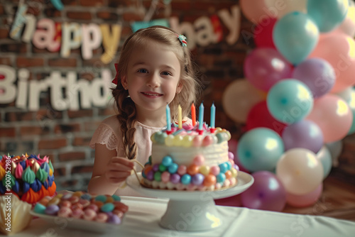 A happy girl with her birthday cake. A girl at her birthday party. Concept of children's celebration, excitement, and special moments.