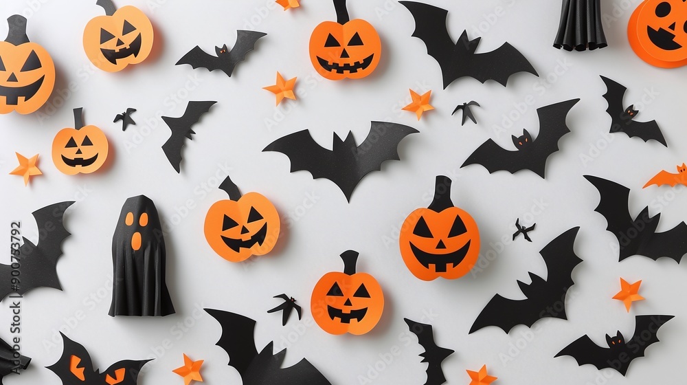 Halloween themed background with pumpkins, bats, and ghosts. Creative composition for Halloween celebration. Ideal for posters, cards, invitations, banners. Place for text. Festive and spooky decor. Halloween themed background with pumpkins, bats, and ghosts. Creative composition for Halloween celebration. Ideal for posters, cards, invitations, banners. Place for text. Festive and spooky decor.