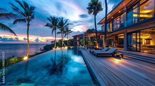 Villa with modern swimming pool deck and large wooden terrace flooring surrounded by palm trees & ocean at Sunrise, seating area for relaxing during peaceful evening.