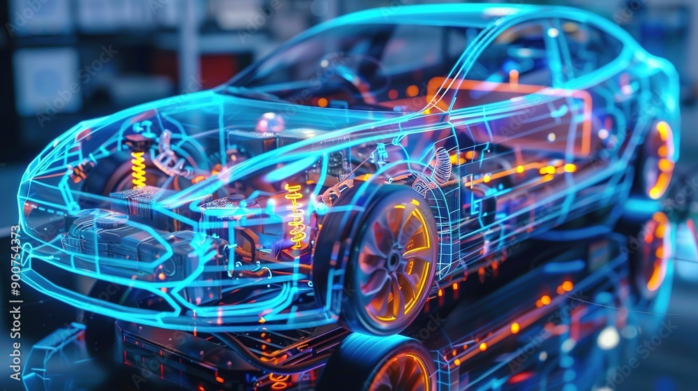 A holographic display of an electric vehicle's battery system, showcasing the internal structure and energy flow within its body. A holographic display of an electric vehicle's battery system, showcasing the internal structure and energy flow within its body.