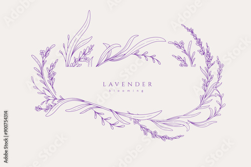 Background with lavender calligraphic design elements and graceful branches. Wedding wildflowers for invitation save the date card. Botanical feminine rustic vector illustration