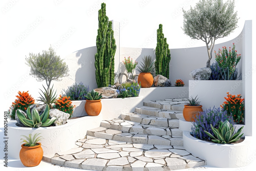 Fototapeta premium Beautiful Mediterranean-style garden with white stone steps and potted plants, captured in bright daylight, showcasing the vibrant greenery and serene atmosphere.