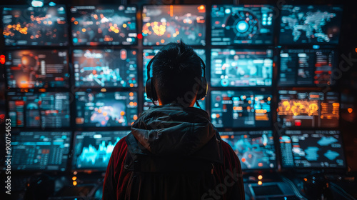 A man is sitting in front of a computer monitor with a black jacket on. The monitor displays a lot of information, including a few graphs and a few buttons. The man is focused on the screen