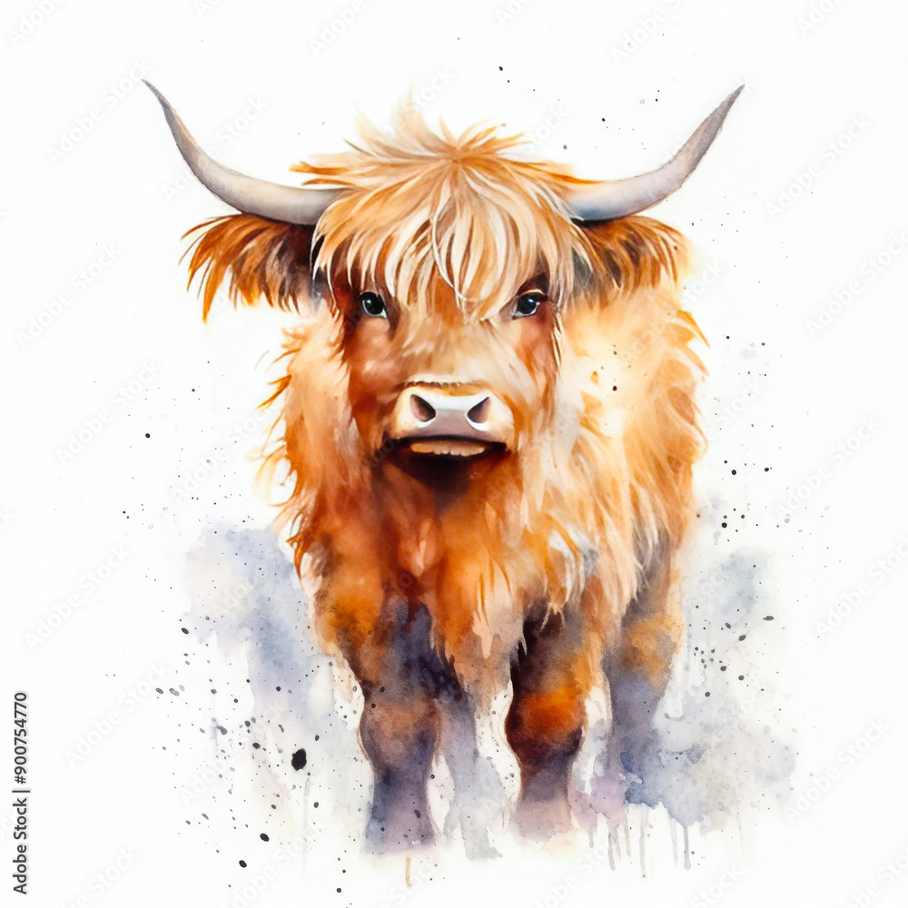 Vibrant watercolor painting of a Highland cow with long horns and ...