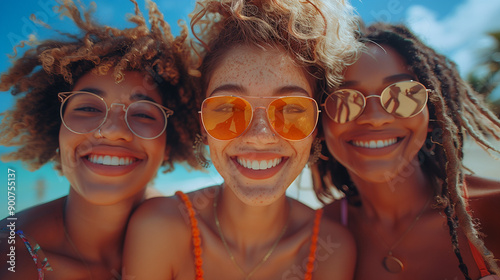 A diverse group of friends are laughing and dancing outdoors in a low angle view with a blue sky background