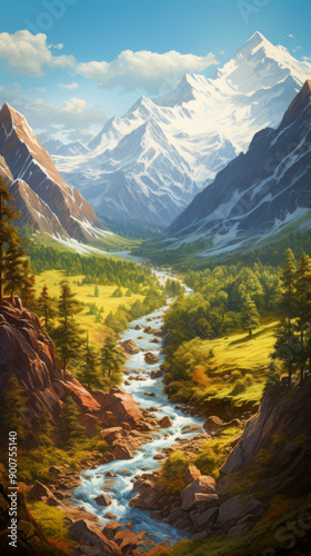 A breathtaking mountain landscape featuring snow-capped peaks with lush green valleys and a flowing river under a clear blue sky