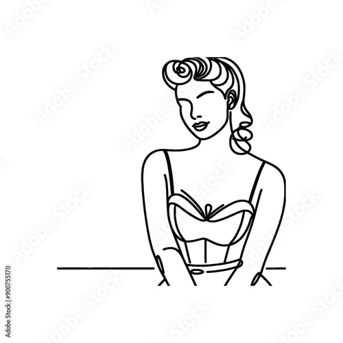 woman wearing retro fashion pin up girl look with a sweetheart neckline and victory rolls