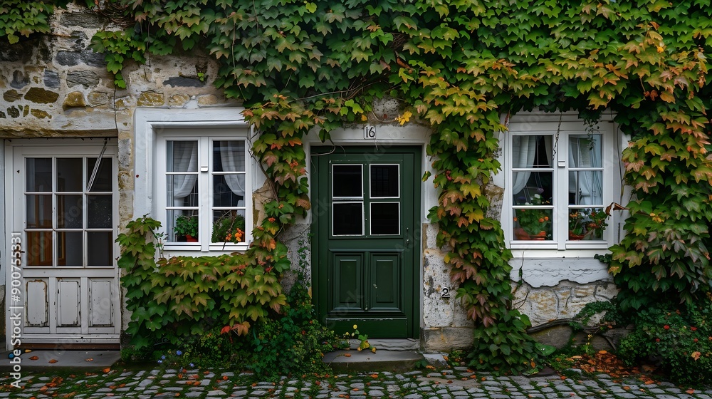Small old traditional UK retro house facade door window wall entrance porch overgrown green ivy creeper plant and flower gardening design. Vintage cottage countryside, building in Europe summer. Small old traditional UK retro house facade door window wall entrance porch overgrown green ivy creeper plant and flower gardening design. Vintage cottage countryside, building in Europe summer.