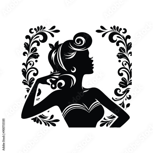 woman wearing retro fashion pin up girl look with a sweetheart neckline and victory rolls