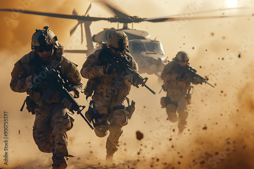 An American special forces team moves together out of an U.S. Air Force CV-22 Osprey aircraft.