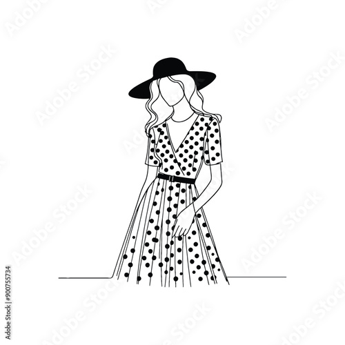 woman wearing retro fashion polka dot midi dress with a wide brimmed hat