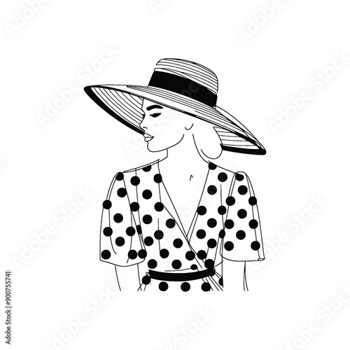 woman wearing retro fashion polka dot midi dress with a wide brimmed hat