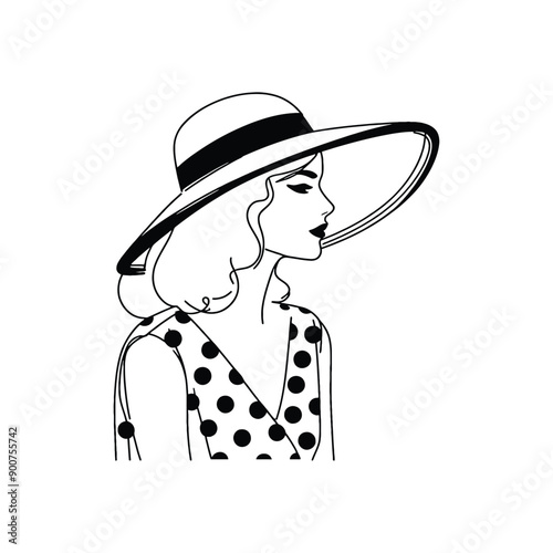 woman wearing retro fashion polka dot midi dress with a wide brimmed hat