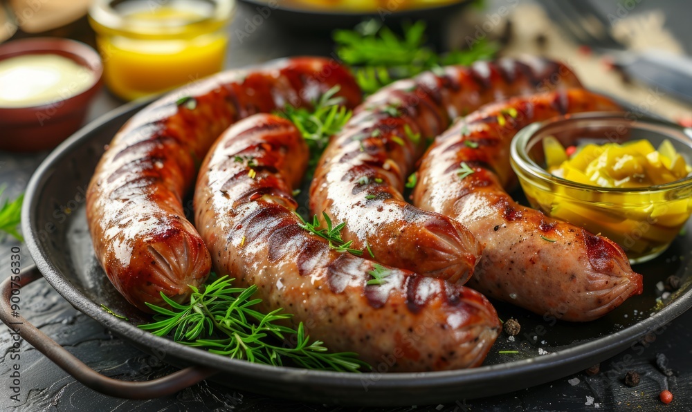 Platter of sausages with mustard and pickles at the Oktoberfest festival. Platter of sausages with mustard and pickles at the Oktoberfest festival.