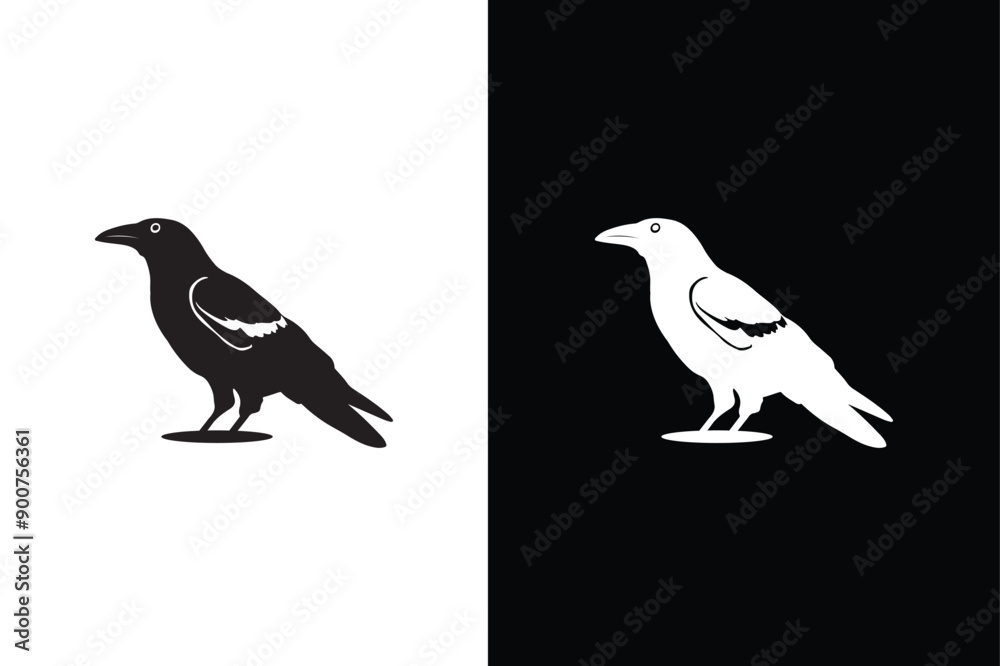 Fototapeta premium Black white crow icon silhouette. Vector of crow design isolated on black white background.