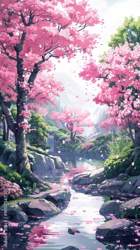 A tranquil Japanese garden with cherry blossom trees and a calm pond in a realistic style, capturing a peaceful and harmonious atmosphere, lit by gentle natural light. T-shirt design graphic, vector, A tranquil Japanese garden with cherry blossom trees and a calm pond in a realistic style, capturing a peaceful and harmonious atmosphere, lit by gentle natural light. T-shirt design graphic, vector,