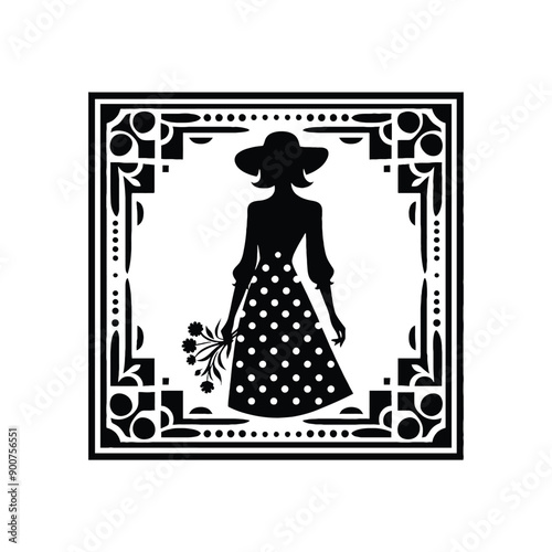 woman wearing retro fashion polka dot midi dress with a wide brimmed hat