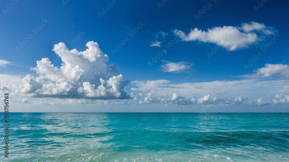 Obraz premium Beautiful expansive ocean view with clear blue sky and scattered white clouds on a sunny day.