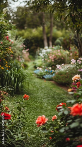 A photo of a vibrant green garden filled with blooming flowers, soft hues, serene and peaceful, with space for text in the bottom left corner, advertising a botanical garden.






