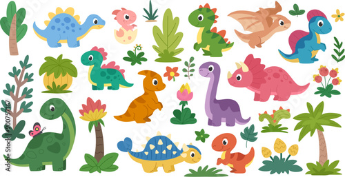 Childrens dinosaurs set. Collection of cute cartoon dinosaurs and prehistoric plants. White background,