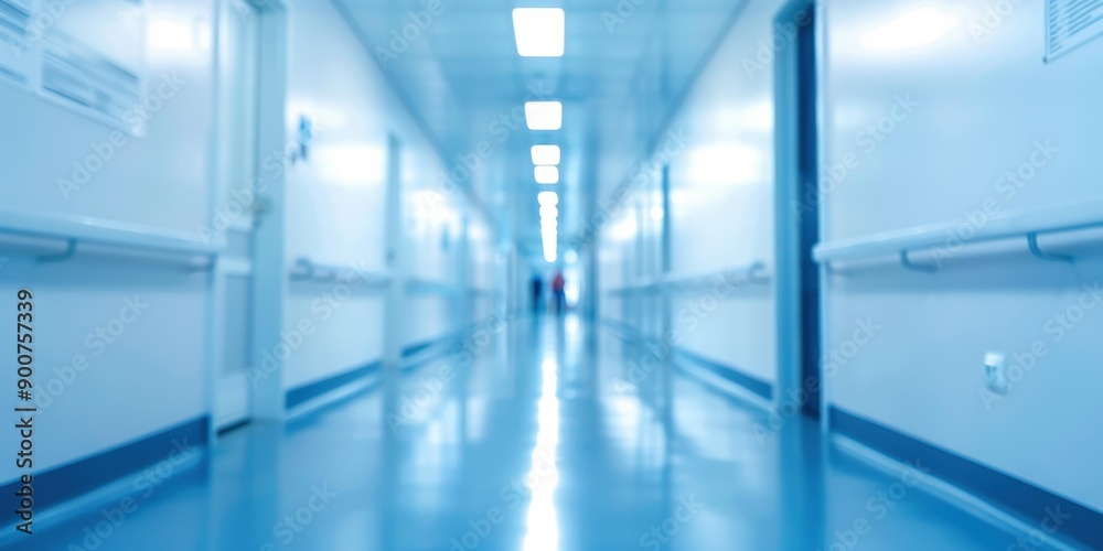Fototapeta premium A long hallway with blue walls and a person walking down it. AI.