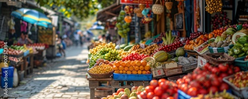 Scenic view of a vibrant marketplace with stalls offering traditional foods. © peppastock2