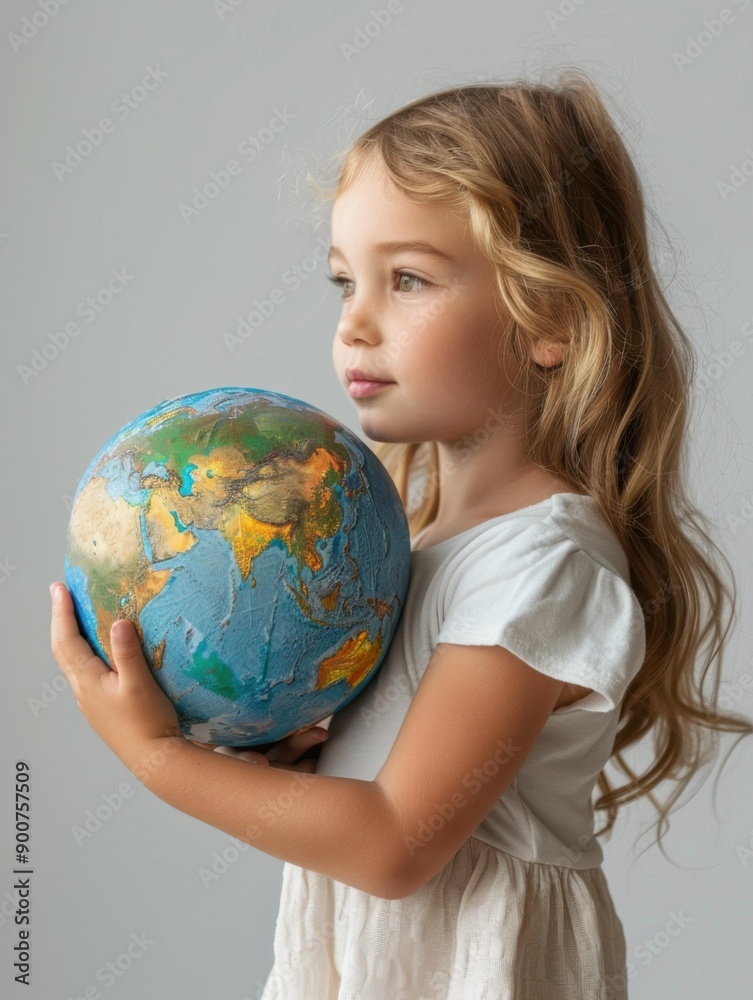 A little girl holding a globe in her hands. AI. A little girl holding a globe in her hands. AI.