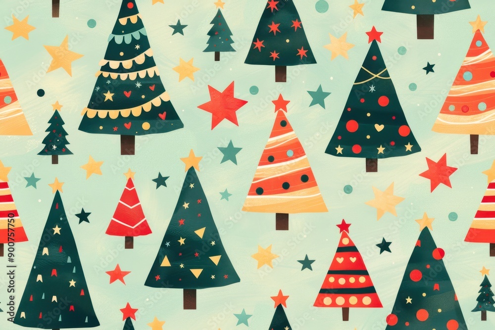 Geometric Christmas tree pattern made of simple shapes and stars on a light green background Geometric Christmas tree pattern made of simple shapes and stars on a light green background