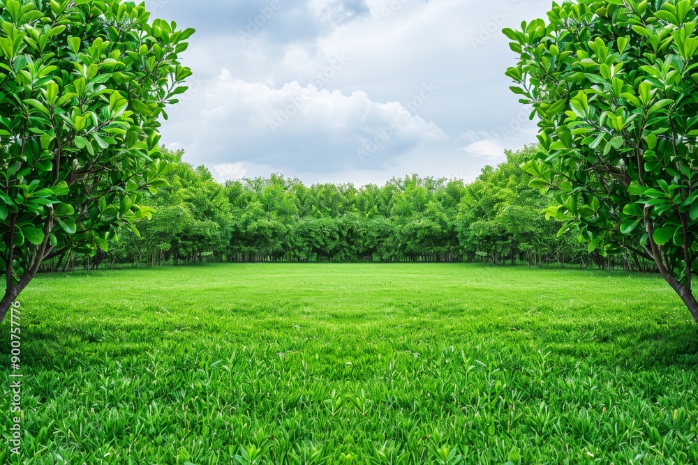 Obraz premium Expansive lawn with lush green grass and trees, captured in bright daylight, showcasing the open space and serene atmosphere.