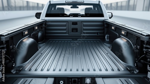 Interior of a clean, empty truck bed with side compartments and fixtures for securing cargo, in an industrial or parking area. photo