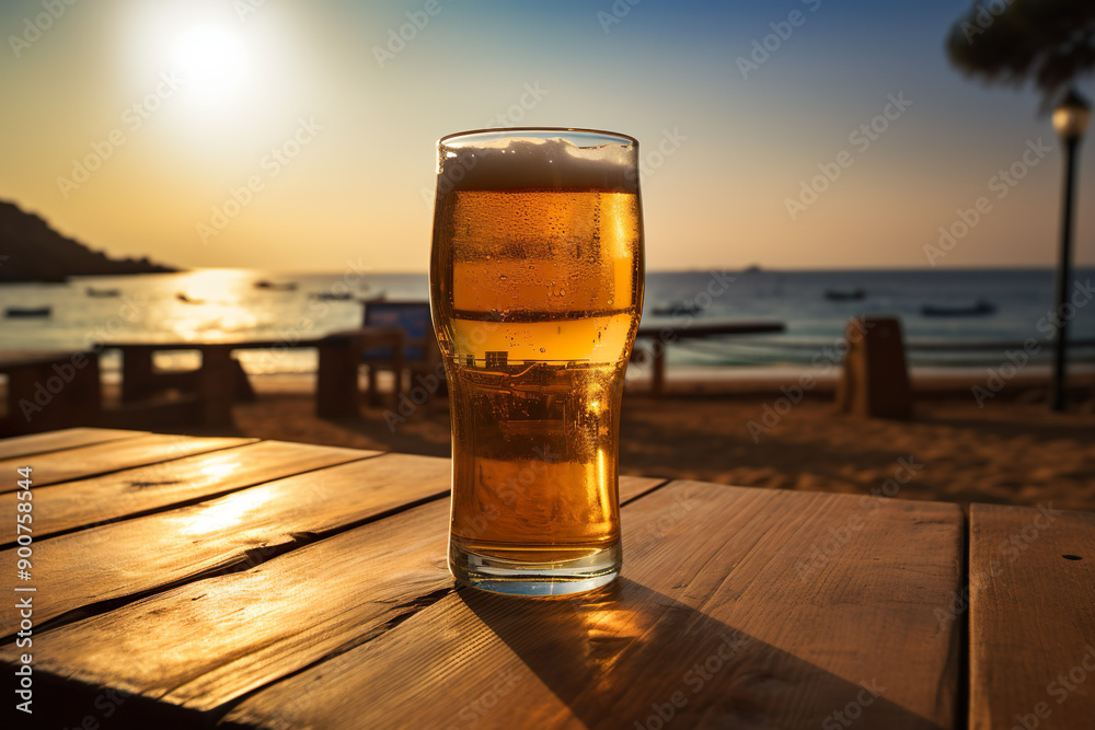 A beer glass on a wooden table with see background high quality A beer glass on a wooden table with see background high quality
