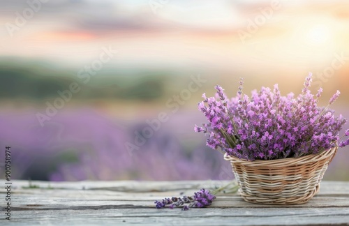 Lavender Bouquet in a Basket on a Wooden Table
