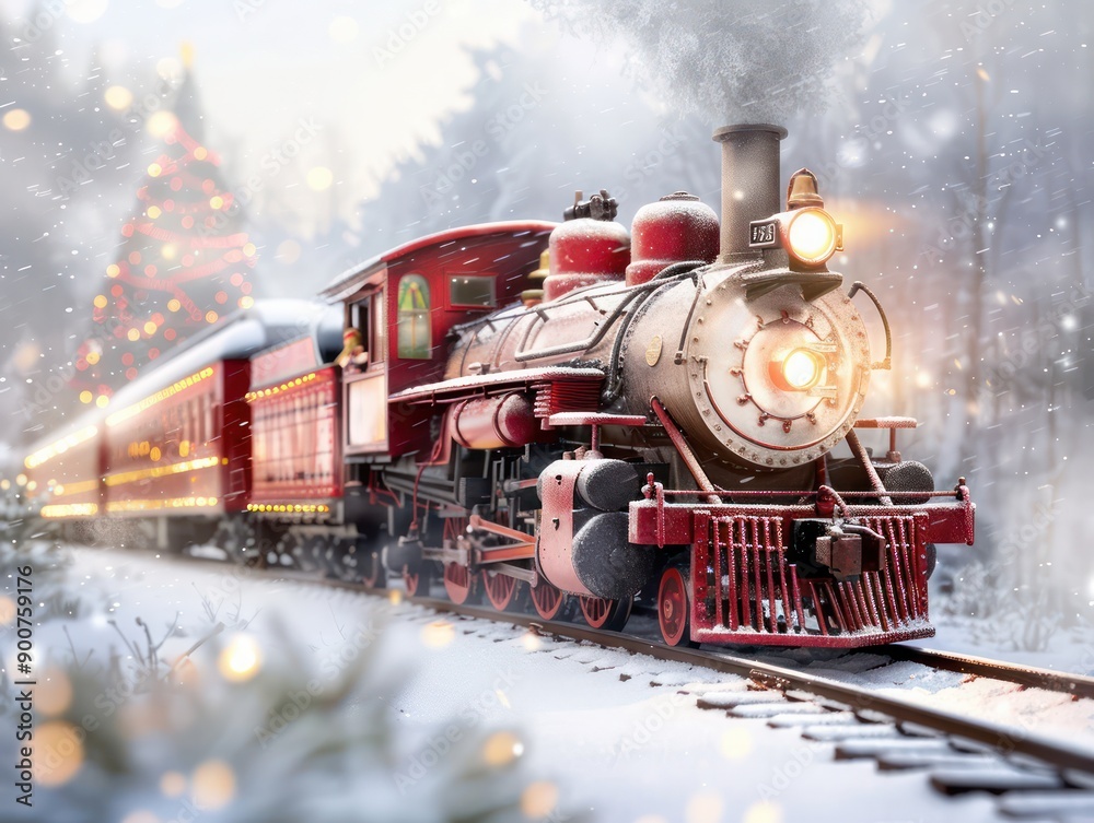 A red train with a Christmas tree on the side is traveling down a snowy track. The train is surrounded by a wintery landscape, with snow covering the ground and trees in the background A red train with a Christmas tree on the side is traveling down a snowy track. The train is surrounded by a wintery landscape, with snow covering the ground and trees in the background