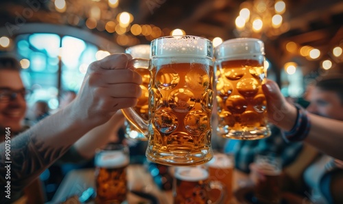 People in lederhosen and dirndls raising their beer steins at the Oktoberfest festival.