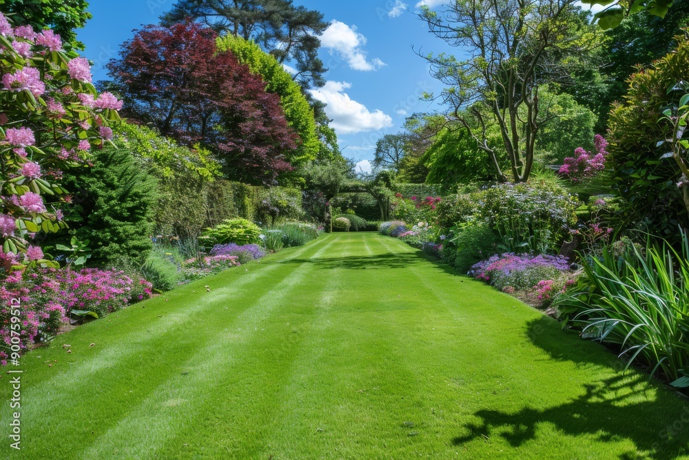 Obraz premium Elegant garden with a variety of colorful flowers and plants, captured in bright daylight, showcasing the vibrant blooms and lush greenery.