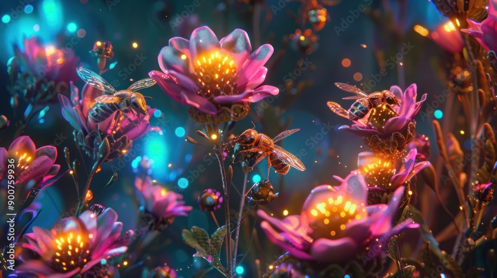 Golden Bees and Glowing Flowers