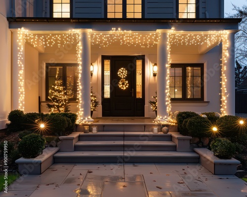 A house with a porch lit up with Christmas lights. The porch is decorated with a wreath and a string of lights
