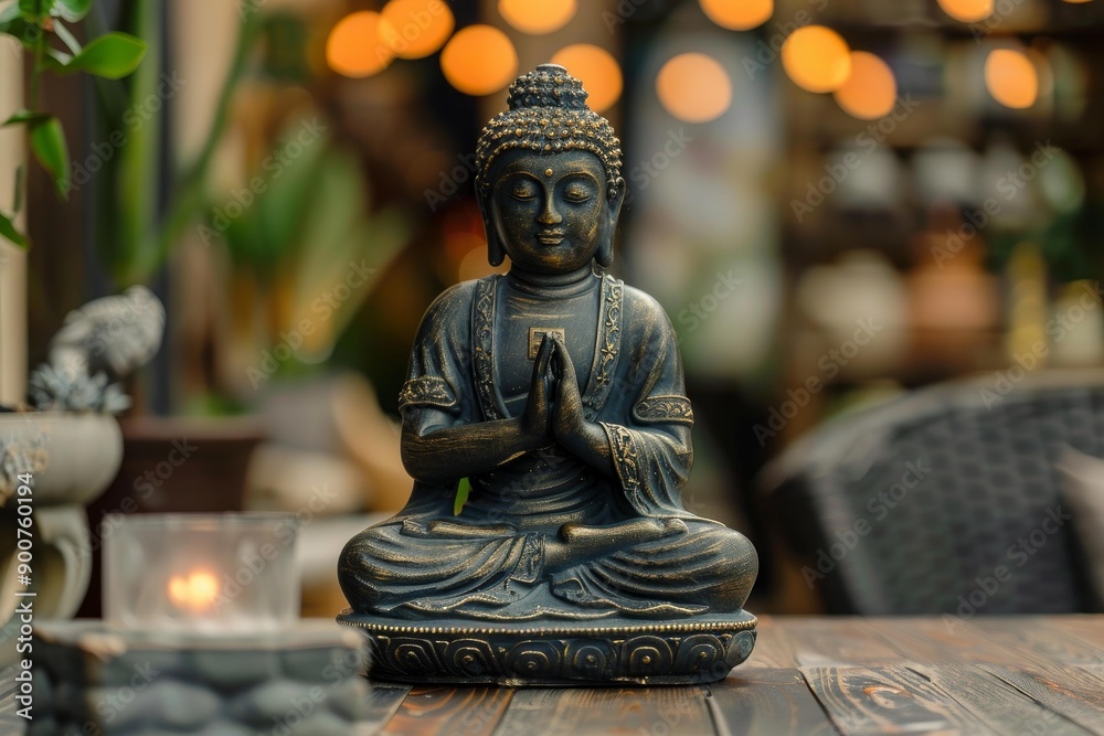 Fototapeta premium Bronze buddha statue meditating amidst soft bokeh lights in a cozy restaurant atmosphere