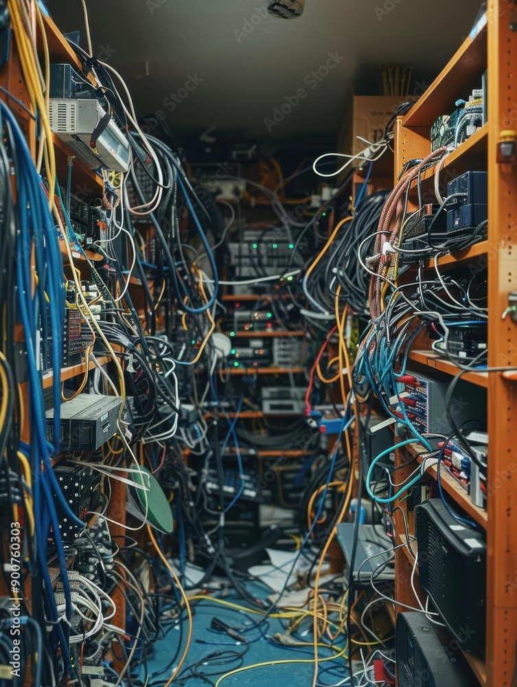 A tangled mess of cables and wires in a server room. AI. A tangled mess of cables and wires in a server room. AI.