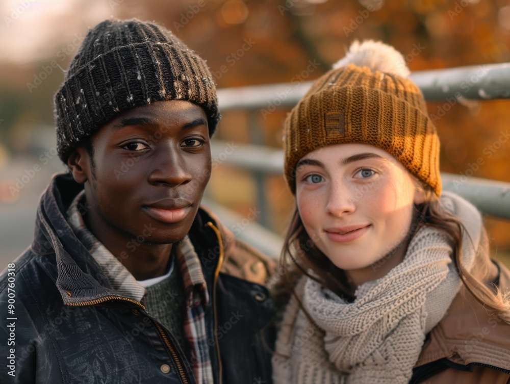 Two people wearing winter clothing smile at the camera. AI. Two people wearing winter clothing smile at the camera. AI.